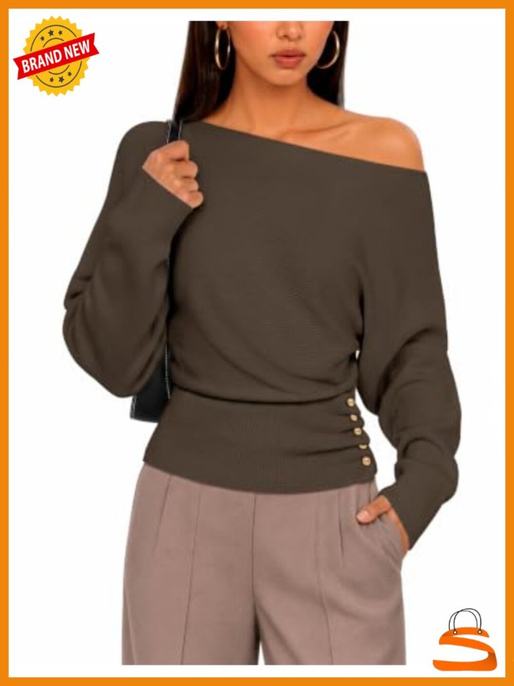 Off Shoulder Batwing Sweater Ribbed Pullover with Gold Buttons